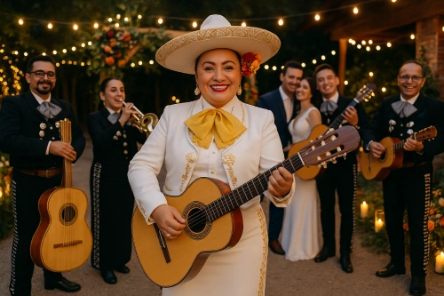 Mariachis con novios en recepción